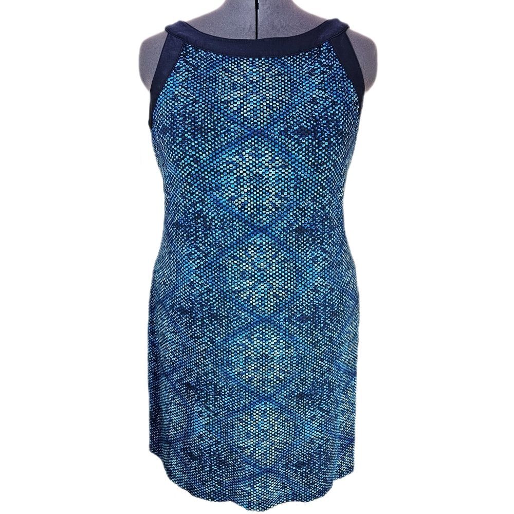 Avon Blue Sheath Dress Mosaic Print Women's 1X Stretch Comfort Casual Boat Neck